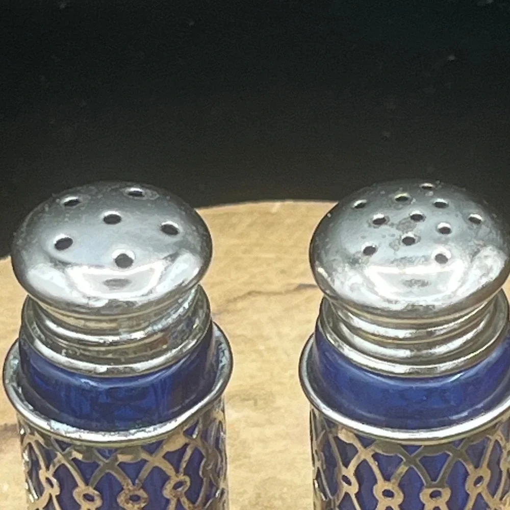 1970s Cobalt Glass Silver Plated Salt and Pepper Shakers  Japan‎